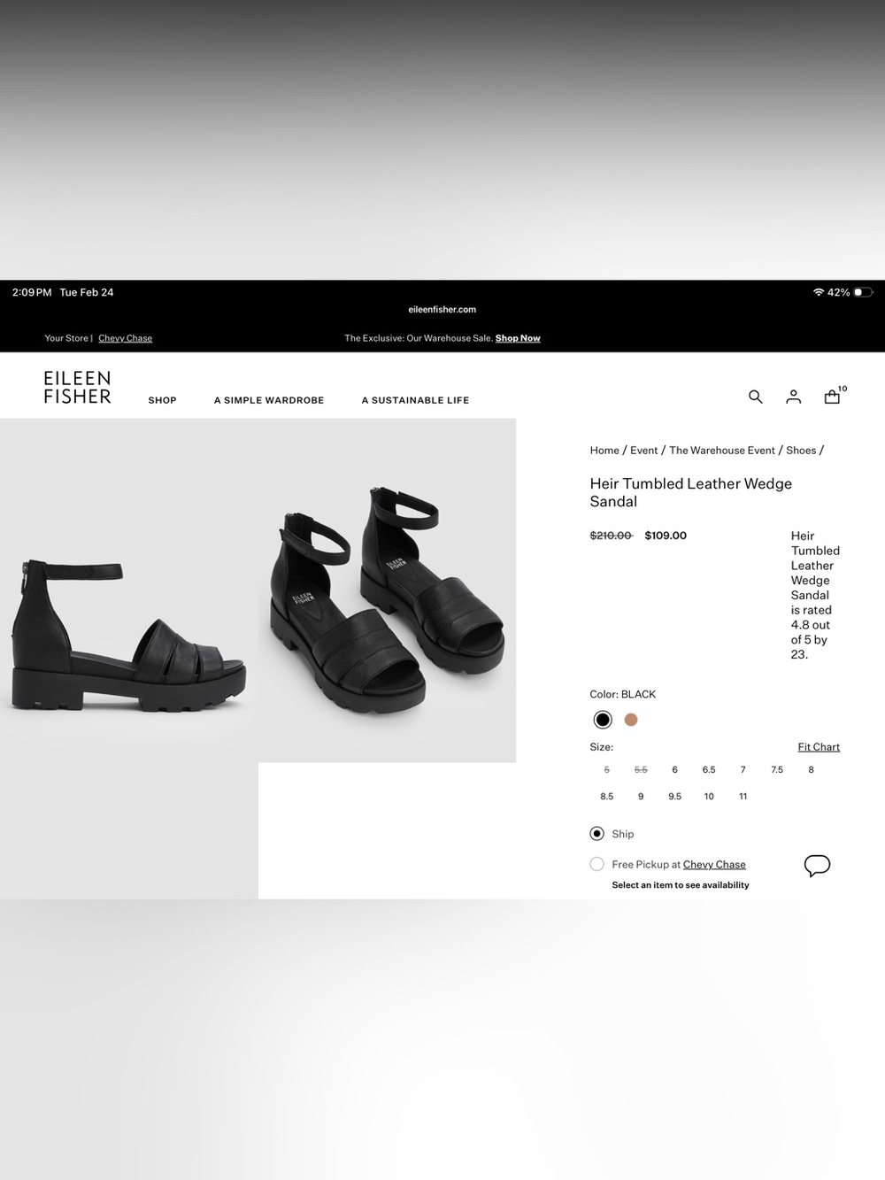 Eileen Fisher Black Leather Ankle-Strap Wedge Sandals, Heir Tumbled, US 8